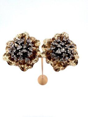 Vintage Ciner Gold Tone Flower Clip-On Earrings with Rhinestones – Signed